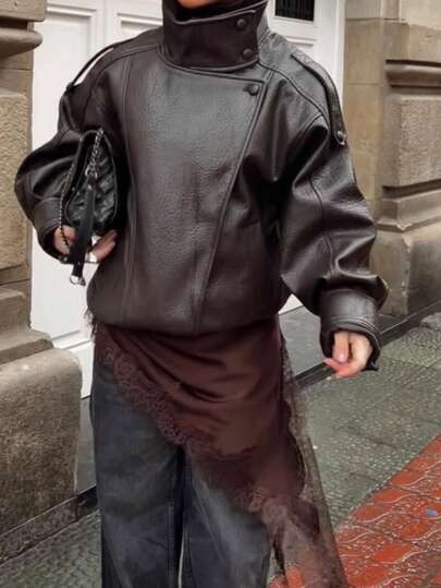 Chaqueta de cuero de mujer de estilo europeo minimalista, con textura de litchi versátil, nueva colección de otoño/invierno de Seelio