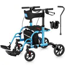 WALK MATE 2 In 1 Rollator Walker Transport Chair For Seniors, 10" Wheels Medical Rollator For Seniors With Widen Seat Backrest, Detachable & Adjustable Footrests Folding Walker Wheelchair Combo - 藍色 - 查看 12