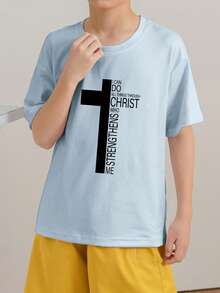 Tween Boys Casual Printed White Crew Neck Short Sleeve T-Shirt, Summer Top - Baby Blue - View 2