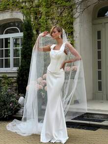 Pearl-Embellished Satin Square Neckline Wedding Dresses For Bride, Elegant Structured Wedding Top & Statement Straps, For The Modern Bride, Simple Style, Wedding Gown, Suitable For Wedding, Dating, Party, Singles' Party, Vacation, Bride,Formal Occasions, Dinner Dress, Prom Dress, Homecoming Dress, Cocktail Party, Bridal Gown - 白色 - 查看 3