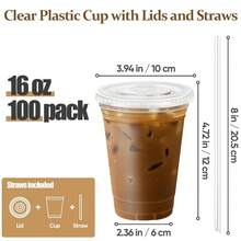 TUMATICLY 300PCS Plastic Cup Coffee Cup Set, 16 Ounce/480ml (100PC Cups+100PC Lids+100PC Straws), With Straw And Lid, Transparent Coffee Cup, Suitable For Party Gathering, Wedding, Birthday, Commercial Use Cup - Transparent - View 6