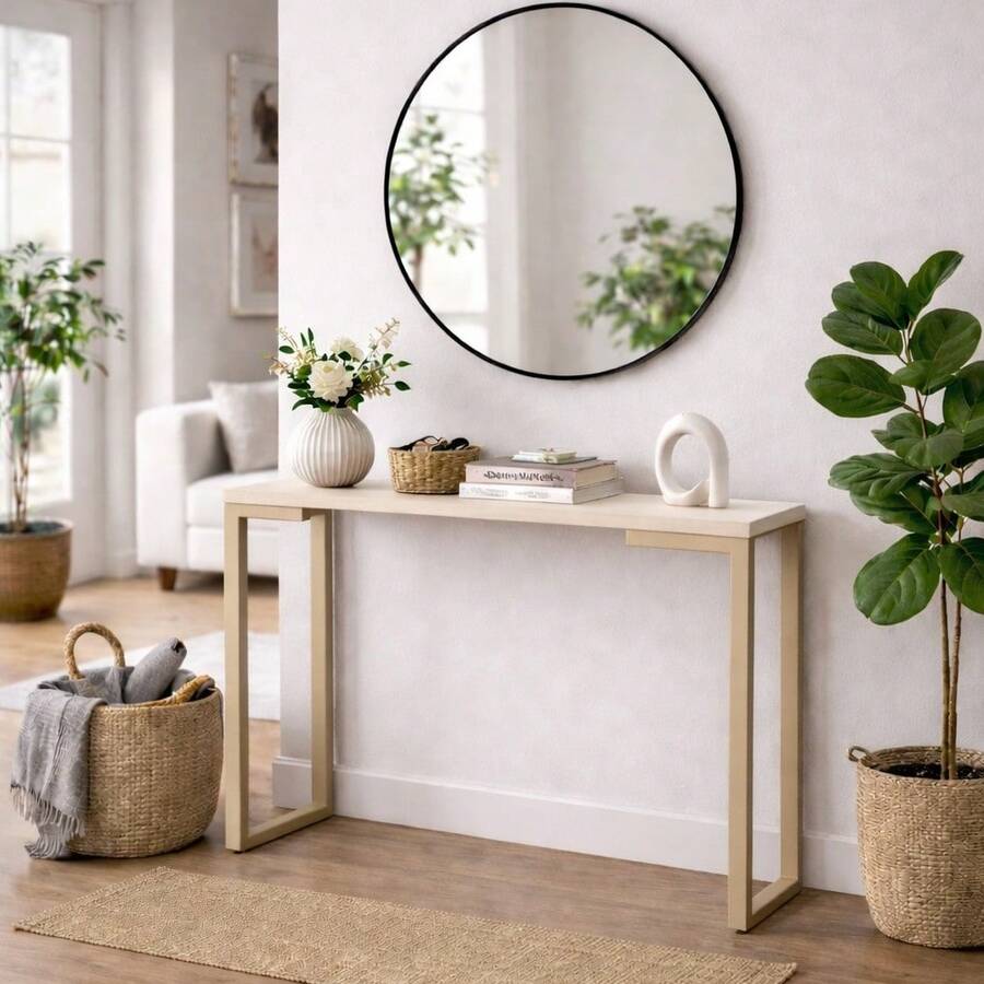Industrial Buffet Side Table 90x30x76 Cm – Steel Frame With Dark Beige Legs - Beige - View 1