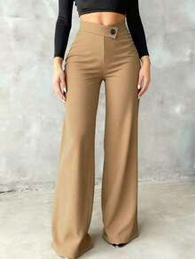 Women's Casual Elegant Straight-Leg Pants, Essential Back-To-School Item, Asymmetric V-Waistline Accentuates Curves, Suitable For Daily Wear, Office, Dates, Vacation And More Black Spring - 卡其色 - 查看 5