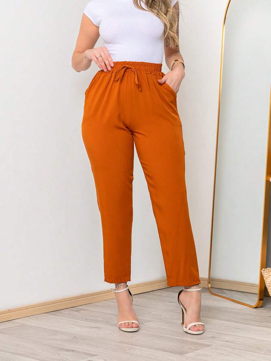 Lightweight Viscose Trousers With Elastic Waistband C711 - Màu Cam cháy - Xem 1