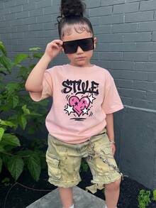 1pc Girls' Pink Short Sleeve T-Shirt, Graffiti Heart & Star Print, Stylish Casual Street Style Summer Top - Pink - View 1