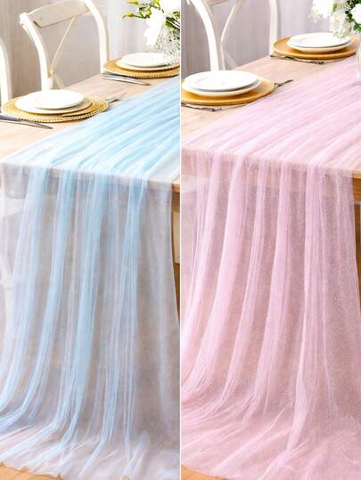 1pc Blue/Pink Silver Dot Mesh Table Runner, 1st Birthday Party Decoration Table Cloth, Baby Shower Table Cover, Gender Reveal Party Background Decoration Supplies, Baby Shower Table Decoration Table Cover, 1st Birthday Room Decoration, Party Scene Decoration, Party Favors, Gender Reveal Decoration, Gender Reveal Gift, Festive Decor Supplies,Dining Table Decorations,Party Favors, Valentine's Day