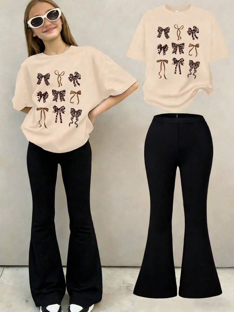 2件套少女蝴蝶印花短袖T恤和裤子套装，休闲时尚童装 - 杏色 - 查看 1