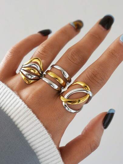 Frminee 3 PCS / 1 PC Stainless Steel Geometric Line Wide Ring 18K Gold Plated Metal Layered Waterproof Daily Simple Stylish Golden Jewelry For Women