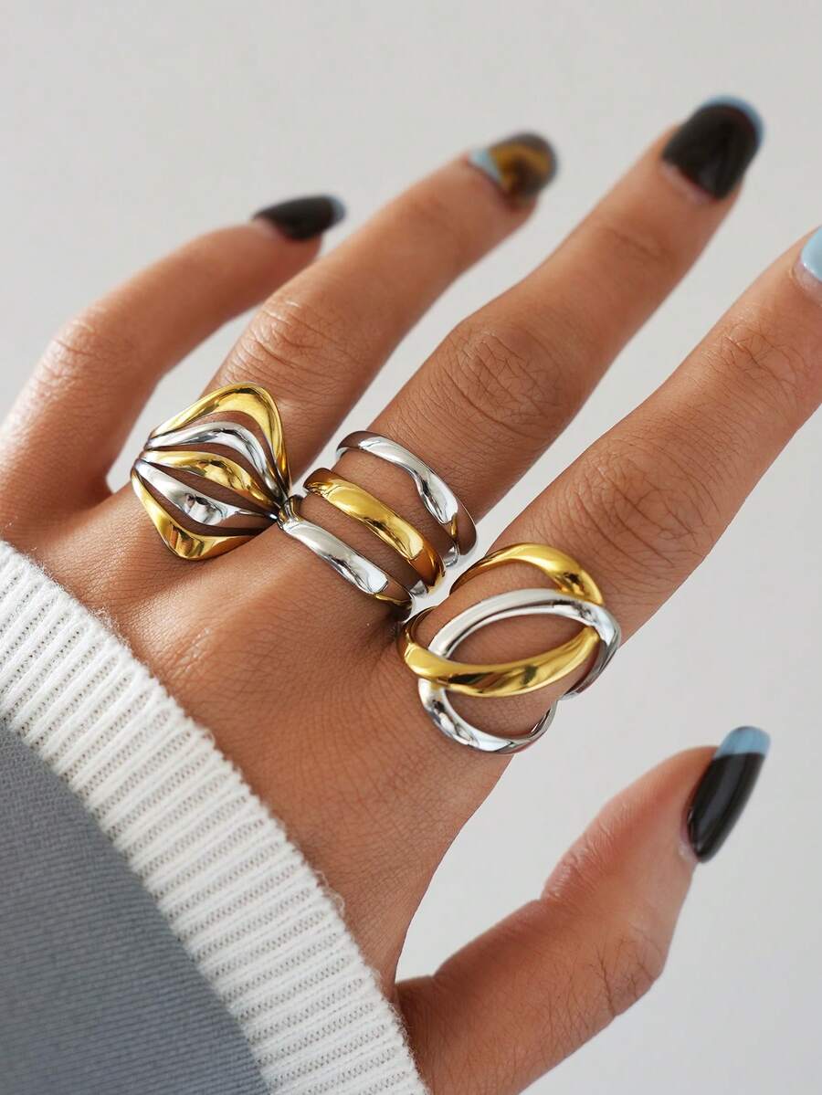 Frminee 3 PCS / 1 PC Stainless Steel Geometric Line Wide Ring 18K Gold Plated Metal Layered Waterproof Daily Simple Stylish Golden Jewelry For Women - Gold and Silver - View 1