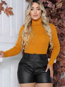 Women's High Neck Turtleneck Knit Blouse That Shapes The Body. - 駝色 - 查看 5