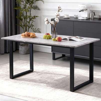 AINPECCA 150cm Dining Table- Rectangle Marble Effect Grey Top With U Shape Metal Black Legs For 4-6 Seaters Home Kitchen