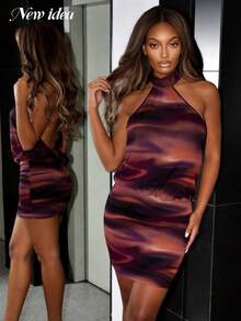 Đầm ngắn ôm sát cơ thể cổ yếm xếp ly in họa tiết ombre tím và cam dành cho nữ, thích hợp dự tiệc, đi chơi, thanh lịch, gợi cảm, sang trọng, đầm dự tiệc cho nữ, đầm dự tiệc sang trọng, đầm ngắn ôm sát cơ thể. - màu nâu - Xem 4