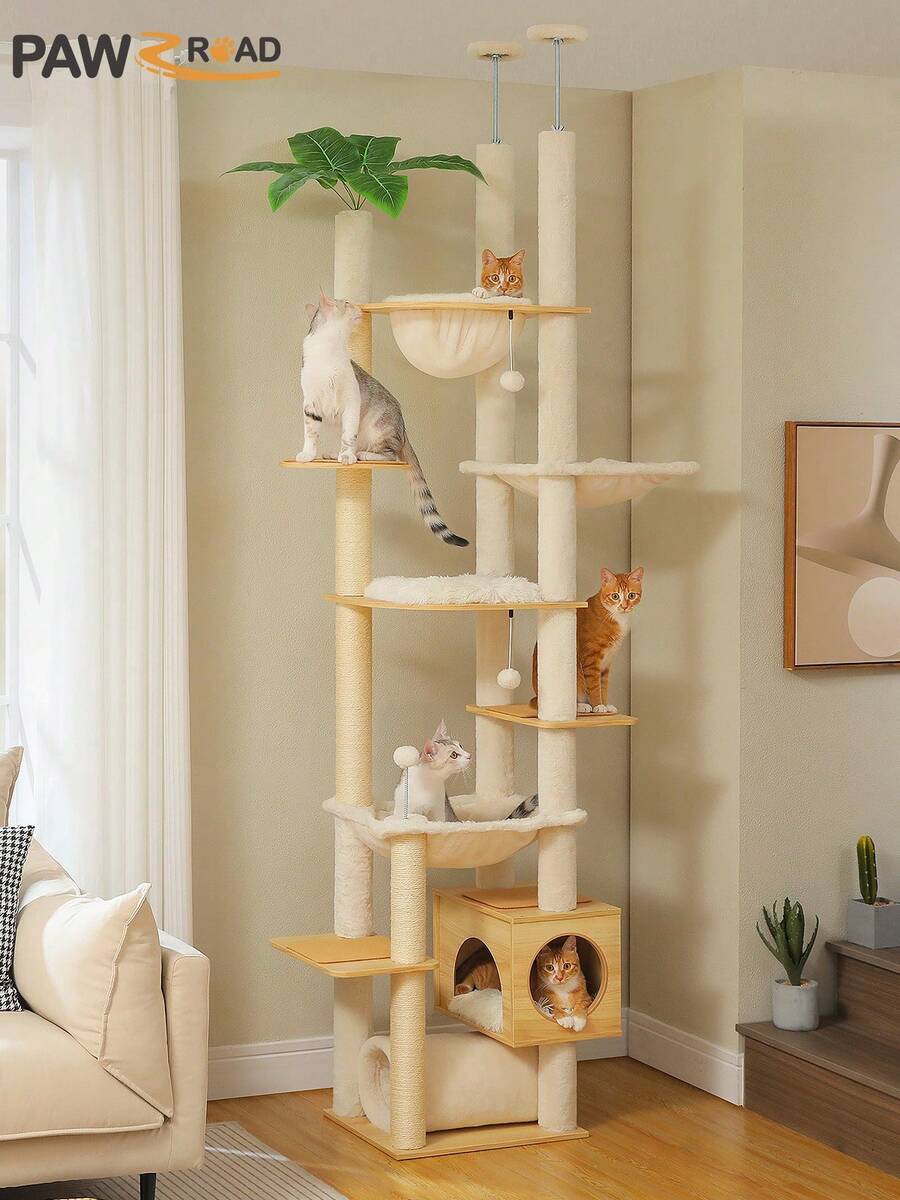 PAWZ Road 93.3''-100.8'' Floor To Ceiling Cat Tree  Height Adjustable Wooden Cat Tower Tall Climbing Play House With Scratching Posts, Cozy Condo, Perches And Large Hammock For Indoor Cats Beige - 米色 - 查看 1