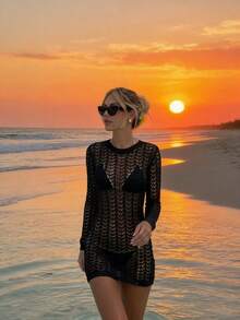 Vestido de punto semitransparente y sexy para mujer, adecuado para vacaciones, playa y uso diario - Negro - Ver 1