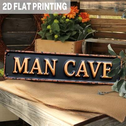 2D Flat, 1pc Rustic "Man Cave" Metal Sign - Game Room, Bar, Garage Wall Decor, 9.98x39.98 Cm, Black Text, Suitable For Home Or Office, Metal Wall Art Decoration