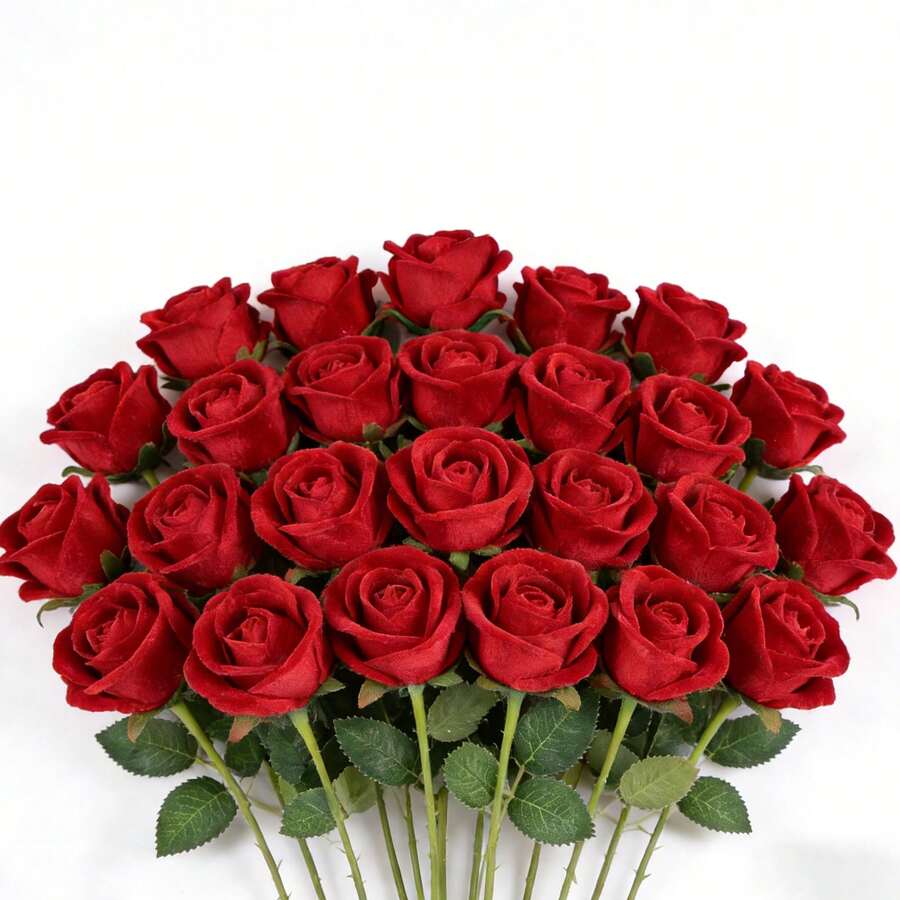 22PCS Luxury Red Artificial Roses, Velvet Fake Roses With Real Touch And Stems For Wedding Bouquets, Bridal Shower, Centerpieces, Valentine's Day, Mother's Day, Cemetery Flowers And Home Table Decor - Red - View 1