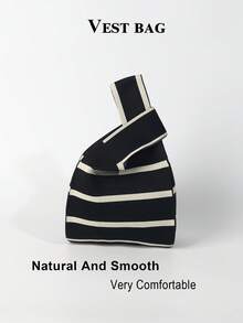 Tas Tangan Mini Ringan Lipat Lucu Berwarna Biru Resin Berongga Bernapas Rajutan Kontras Warna, Cocok Untuk Liburan, Pemotretan Foto, Sekolah Untuk Siswa Perempuan - Hitam dan Putih - View 4