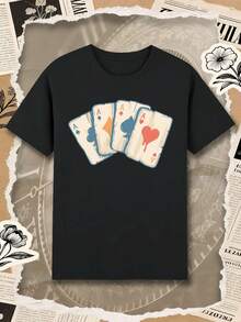 Vintage Poker Aces Graphic Tee Round Neck Relaxed Fit Street Hip Hop Art Print - Black - View 1