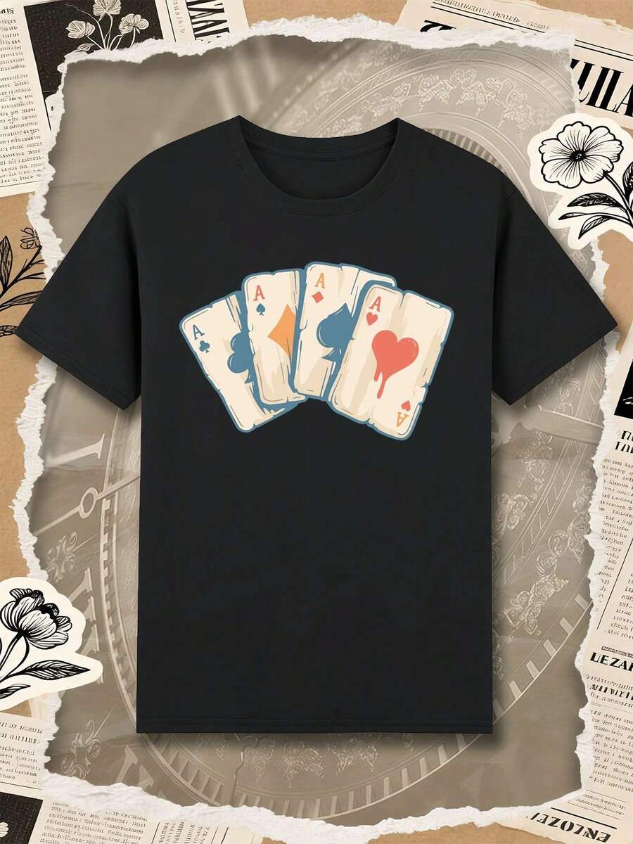 Vintage Poker Aces Graphic Tee Round Neck Relaxed Fit Street Hip Hop Art Print - Black - View 1