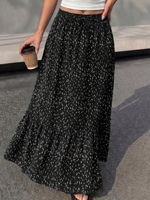 Women Floral Boho Elastic High Waist Flowy Tiered A-Line Maxi Skirt Spring Summer Holiday Beach Vacation Long Skirts With Pockets - 黑色 - 查看 4