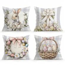 4pcs Vintage Geometric Plaid Rabbit & Easter Egg Pattern Pillow Cover, Single-Sided Printed Cushion Cover, Suitable For Living Room, Bedroom, Home Decor, All Seasons - Multicolor - View 1