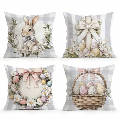 4 st. vintage geometriskt rutigt kanin- och påskäggsmönster örngott, enkelsidigt tryckt kuddfodral, lämplig för vardagsrum, sovrum, heminredning, alla årstider