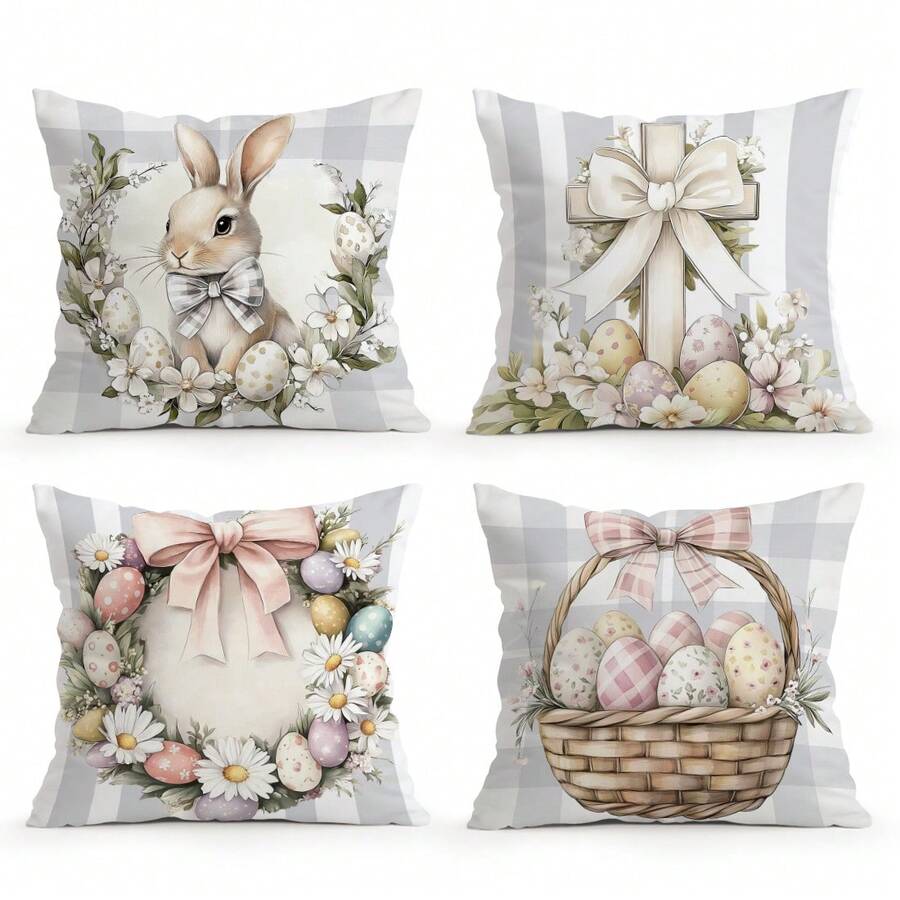 4pcs Vintage Geometric Plaid Rabbit & Easter Egg Pattern Pillow Cover, Single-Sided Printed Cushion Cover, Suitable For Living Room, Bedroom, Home Decor, All Seasons - Multicolor - View 1