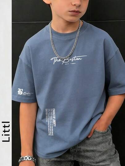 Tween Boys Casual Printed Round Neck Short Sleeve T-Shirt, Summer Top