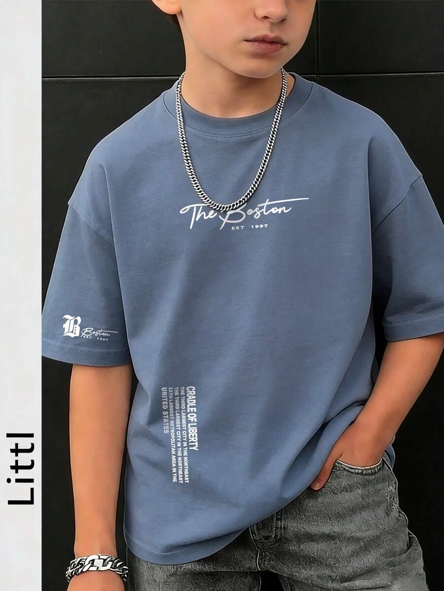 男童休闲印花圆领短袖T恤，夏季上衣 - 霧霾藍 - 查看 1