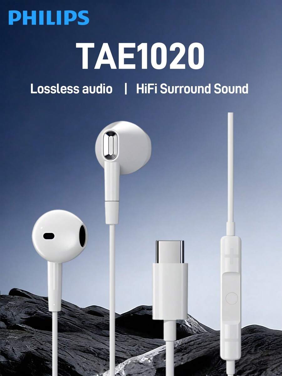 Philips TAE1020 Type C Wired Semi In Ear Earbuds Noise Isolating Mic Built In HD Sound Quality Flexible Cable Easy Control Perfect For Smartphones Tablets - Light White - View 1