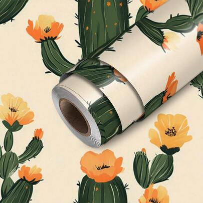 1 Roll Of Fashionable And Simple Cactus Wallpaper, Modern And Simple Plant Small Yellow Flower Printed Wallpaper, Various Room Wall And Cabinet Decoration Wallpapers, Handmade Film Wallpaper