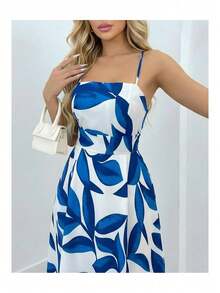 Women's Long Dress With Leaf Print, Crossed Straps, Casual, Summer, Tropical - 藍色 - 查看 2