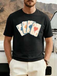 Vintage Poker Aces Graphic Tee Round Neck Relaxed Fit Street Hip Hop Art Print - Black - View 2