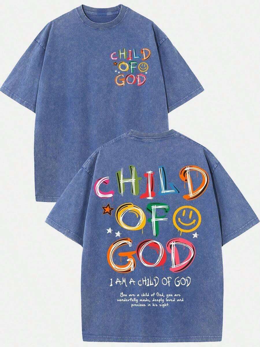 (230g T-Shirt)Men's Distressed Cotton "Child Of God" Colorful Graffiti Graphic Tee, Loose Casual Crewneck Short Sleeve T-Shirt, Retro Fun Religious Top, Comfortable All - Season WearNew Stylish T-Shirt - 藍色 - 查看 1
