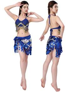 Women's Belly Dance Set Sequined Tassel Bra + Waist Chain Latin Dance Performance Practice Clothing Set - Multicolor - View 17