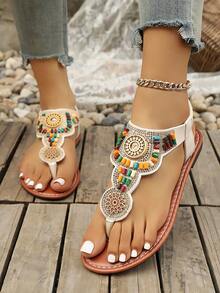 2026 New Plus Size Rhinestone T-Strap Thick Bottom Sandals, Elastic Band Beaded Beach Slippers For Women - Beige - View 5