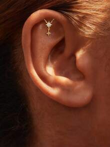 EleRunis 1件925纯银流苏星形不对称月亮耳钉，平底耳骨耳廓穿孔饰品，适合女性日常佩戴，也适合婚礼、派对、订婚、周年纪念、情人节等场合。 - 金色 - 查看 6
