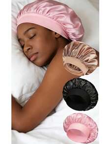新款缎面丝绸睡帽 - 可调节双层双面宽檐超大号睡帽，配有柔软弹力带，男女通用，适合卷发/直发/辫发，可用于沐浴、居家美容化妆、睡眠护理和日常头巾，减少摩擦，防止毛躁，是送给妈妈的绝佳圣诞礼物，也是时尚的运动配饰。 - 彩色 - 查看 1