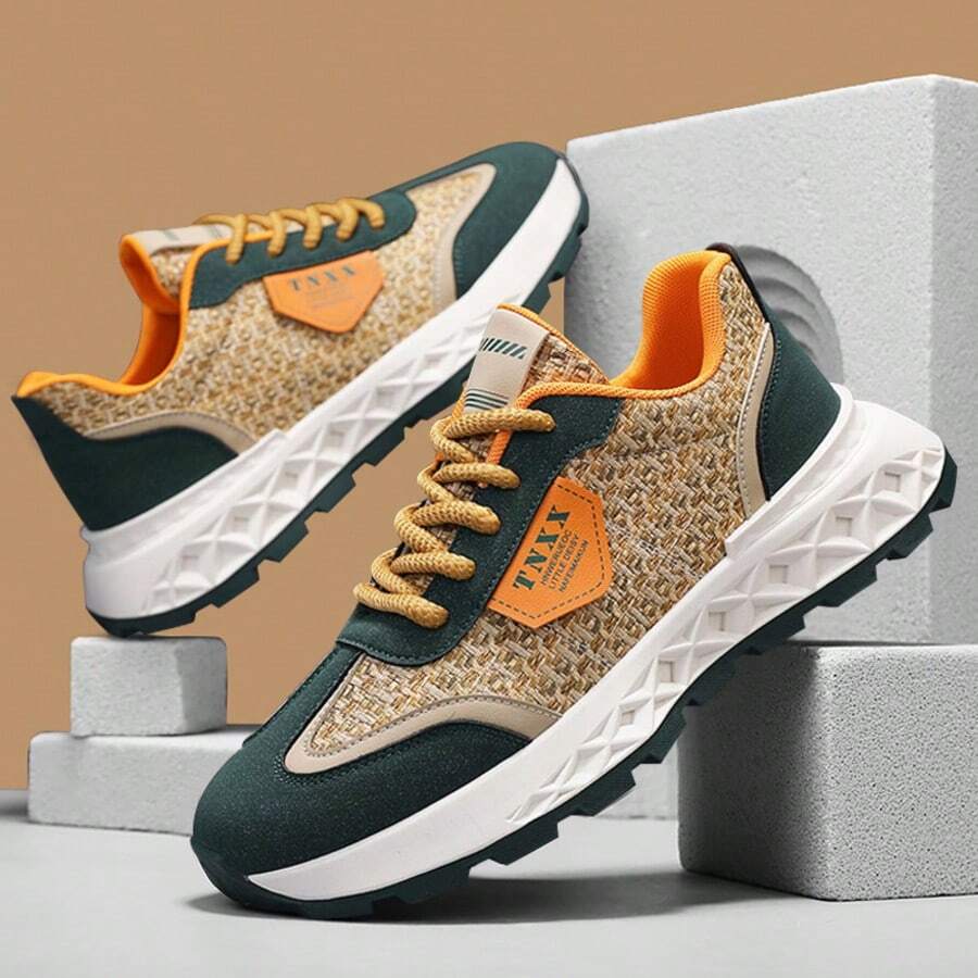 Nuevas Zapatillas para Hombres Talla Grande: Zapatos de Caminar Versátiles y Modernos con Suela Gruesa, Estilo, Zapatillas de Lona con Parte Superior de Malla, Zapatillas de Skate para Primavera, Verano, Otoño y Todas las Estaciones - Naranja - Ver 1