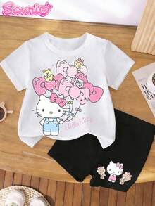 SANRIO 2pcs Balloon Hello Kitty Children's Short Sleeved Shorts Set, Featuring Hello Kitty Illustrations Holding Bow Balloons And Elements Of Bears And Lambs On The Balloons. Suitable For Children's Activities, Skin Friendly And Breathable, Suitable For Summer Wear, Daily, Vacation, Leisure And Other Scenes - 白色 - 查看 2