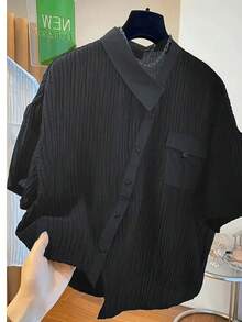 女士街头时尚不对称条纹短袖衬衫 黑色 夏季 - 黑色 - 查看 3