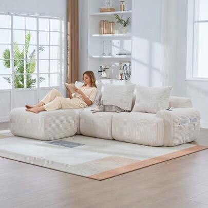 Modular Cords For 3 Persons (Mit Hockern), Free Combinations, Inclusive Of Individual And Two-Person Extensions, Ideal For Living, Family And Other Rooms. Beige
