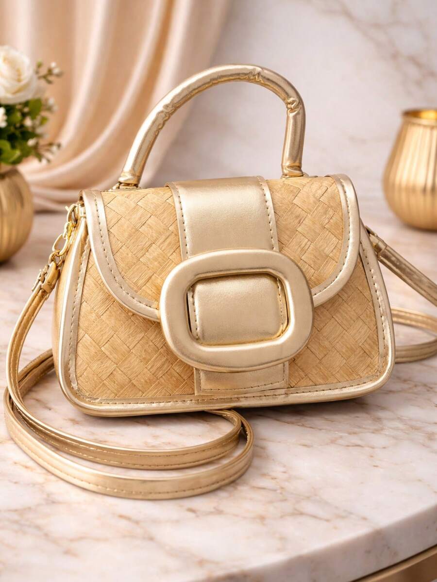 Bolsa De Festa Palha Metalizada Fivela Com Alca de Mao e Alca Regulavel - Dourado - Visão 1