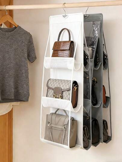 1个6口袋悬挂式收纳袋，双面透明6层整理袋，可悬挂于衣柜内，用于收纳钱包、手提包等，节省空间