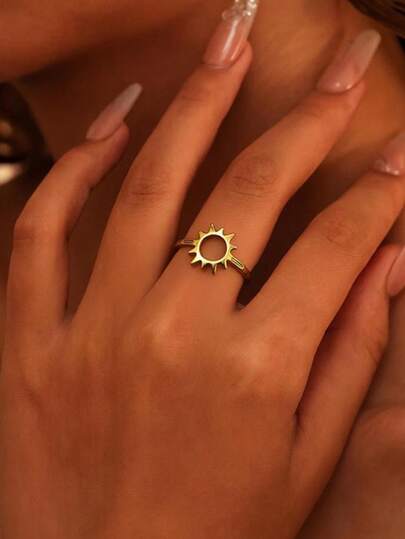 1 قطعة خاتم شمس هندسي ذهبي من الفولاذ المقاوم للصدأ للنساء، هدية مجوهرات لحفل الزفاف أو عيد الميلاد