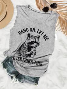 Plus Size-Plus Size - Humorous Style Raccoon Drink Hang On, Let Letter Print Sleeveless Round Neck Vest - 1XL-5XL-1XL-5XL - Light Grey - View 1