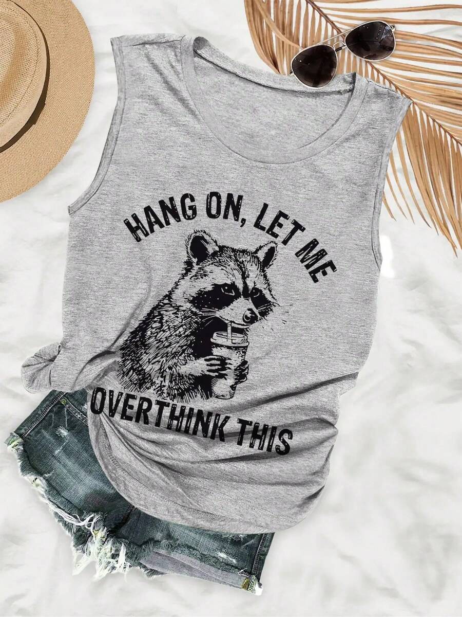 Plus Size-Plus Size - Humorous Style Raccoon Drink Hang On, Let Letter Print Sleeveless Round Neck Vest - 1XL-5XL-1XL-5XL - Light Grey - View 1