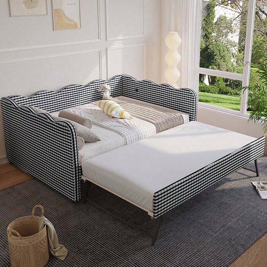 YOGLAD Full & Twin Size Cozy Gingham Daybed With Trundle, Linen Sofa Bed With USB Charging Port, Wave-Shaped Backrest, Multifunctional Guest Bed For Adults, No Box Spring Needed, Stylish Plaid Design, Easy Assembly - Xem 1