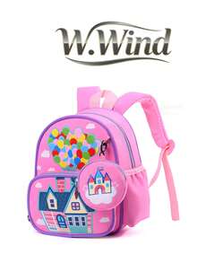 1pc Girls' Up House Print Castle Coin Purse, Breathable Mesh Strap, Multi-Compartment, Zipper, Cute Style Backpack For Kindergarten Daily Use - Pink - View 2