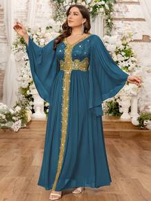 V领亮片花卉蕾丝拼接披肩袖撞色雪纺长裙，优雅大方，适合婚礼宾客、情人节、派对、生日、舞会等场合。 - 霧霾藍 - 查看 4